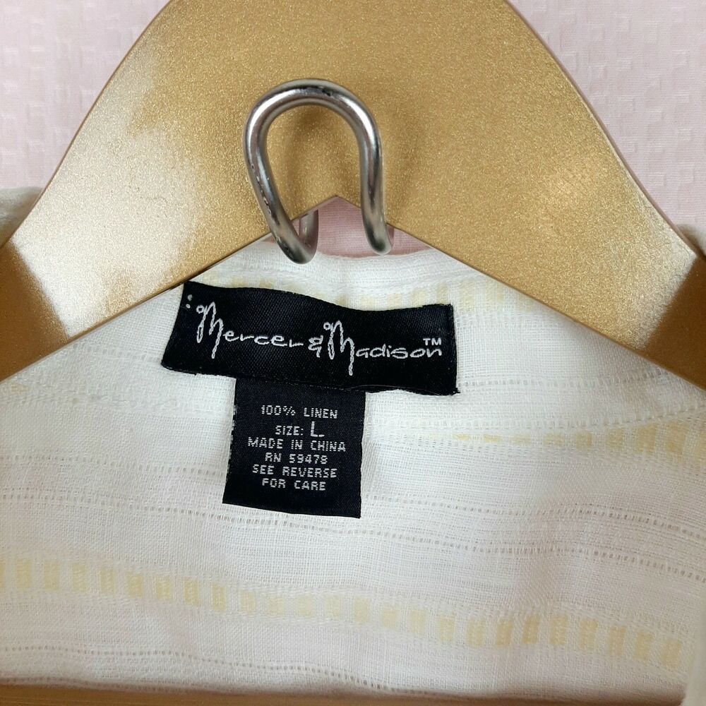 Mercer & Madison Women White and Yellow 100% Linen Button Shirt Long Sleeve Sz L - Picture 2 of 11